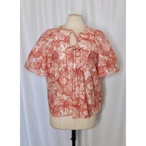 GILNER FARRAR Red Floral Print Blouse Top Flutter Sleeves Tie Neck Vacay Medium